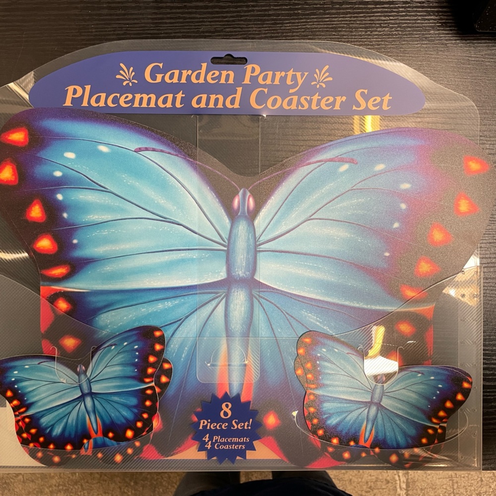 Blue butterfly mat and coaster set